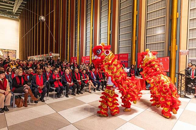 Actors perform the lion dance during the Lunar New Year celebration at the United Nations headquarters in New York, Jan. 24, 2025. (Photo by Winston Zhou/Xinhua)