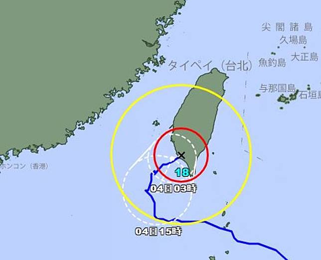 日本氣象廳最新預估，山陀兒颱風改從高雄「掉頭閃人」。（翻攝日本氣象廳官網）