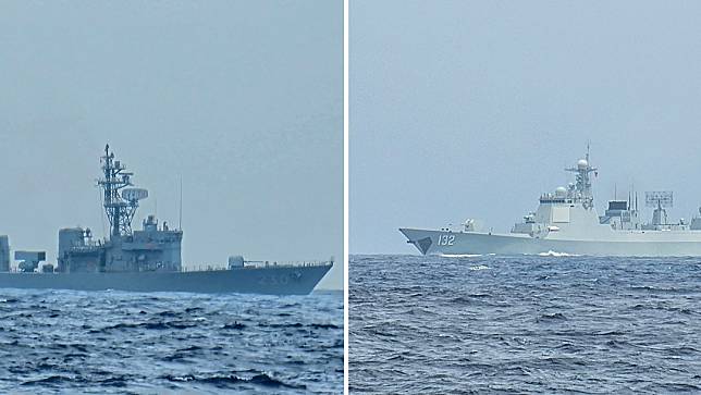 4日上午，中共132軍艦行經東部海域，旁邊有日本海上自衛隊護航驅逐艦DE-230（神通號）監控中。翻攝TaiwanADIZ臉書
