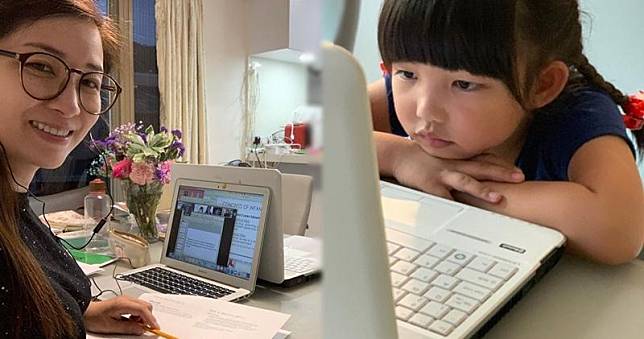 麥雅緻和大女豆豆在家中各自進行網上課堂，停課不停學。（麥雅緻Instagram圖片 / 明報製圖）