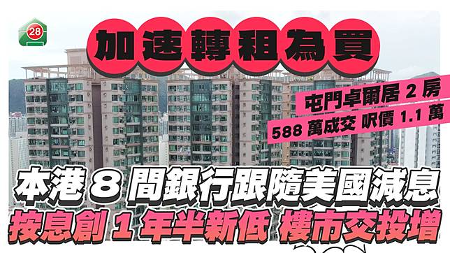 本港 8間銀行跟隨美國減息 按息創1年半新低 租客加速轉買樓市交投增