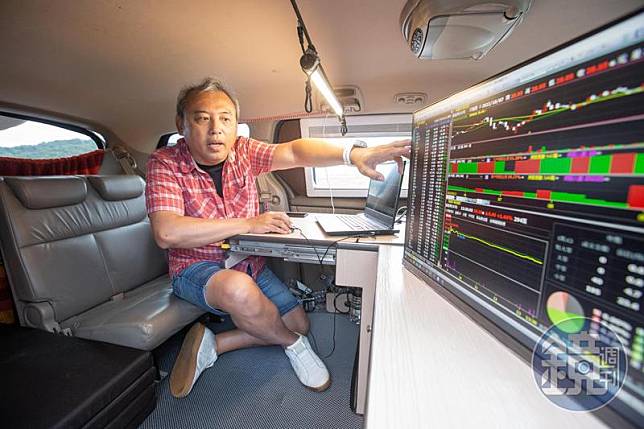 隱身在由廂型車打造的露營車中，徐國華旅遊也不忘在操盤間直播開講。