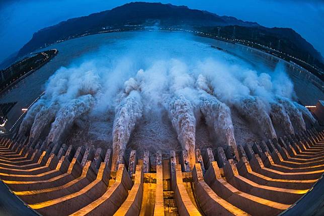 This photo taken on Aug. 19, 2020 shows water gushing out from the Three Gorges Dam in central China's Hubei Province. (Xinhua/Xiao Yijiu)