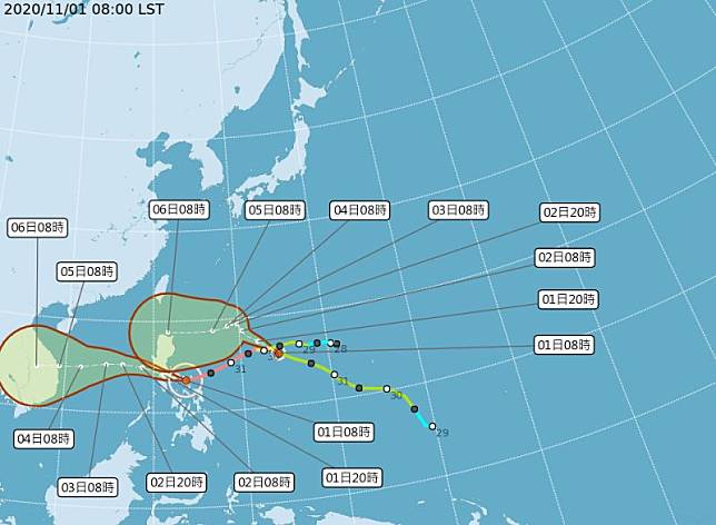 ▲目前輕度颱風閃電，正以每小時29公里速度，向西北西進行。（圖／翻攝氣象局）