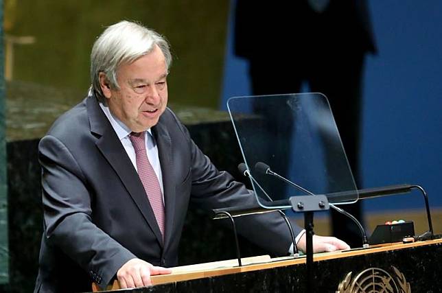 聯合國秘書長古特瑞斯(Antonio Guterres)13日在第77屆聯合國大會開幕式發表演說。 (UN Photo)