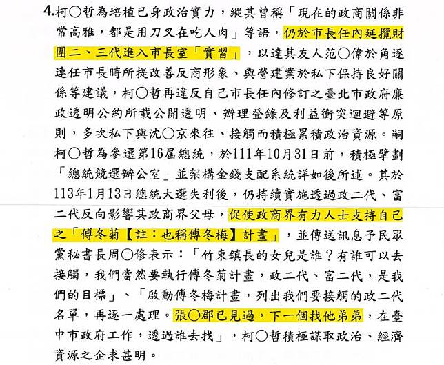 起訴書中提到，柯文哲接觸的對象包含，竹東鎮長的女兒、雲林張家張嘉郡、張鎔麒。(圖擷取自四叉貓臉書粉專)