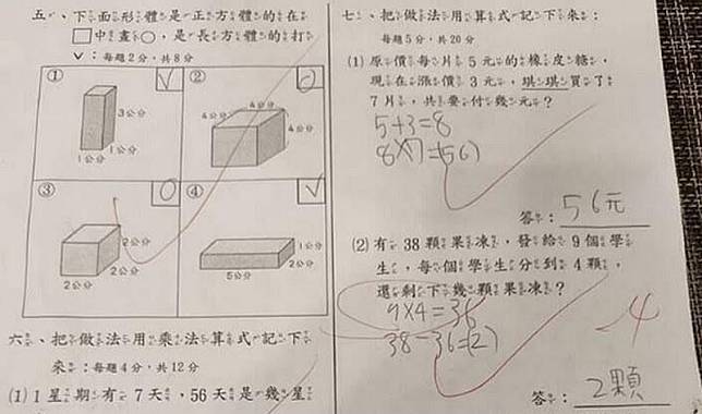 家長看到小孩的數學考卷答案正確卻被扣分，上網求助網友解惑。（翻攝爆料公社）