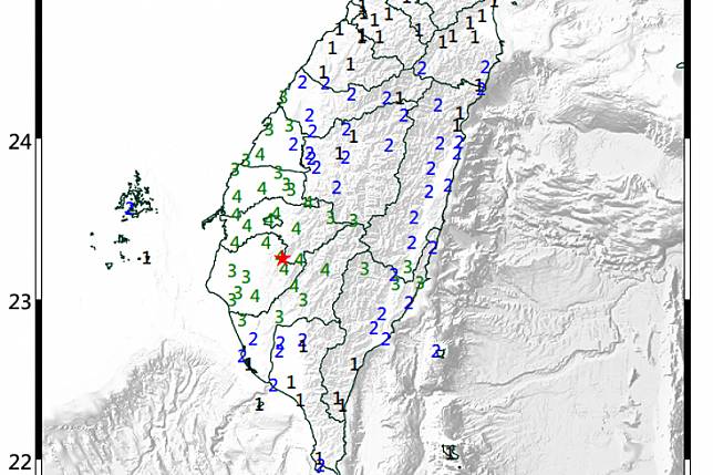 1月25日19時49分台南東山區規模5.7地震，深度7.7公里。（中央氣象署）