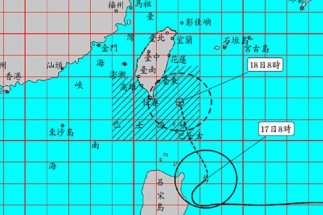 「丹娜絲」腳步逐漸靠近，氣象局最快在17日上午11:30分發布陸上颱風警報。（截自氣象局）