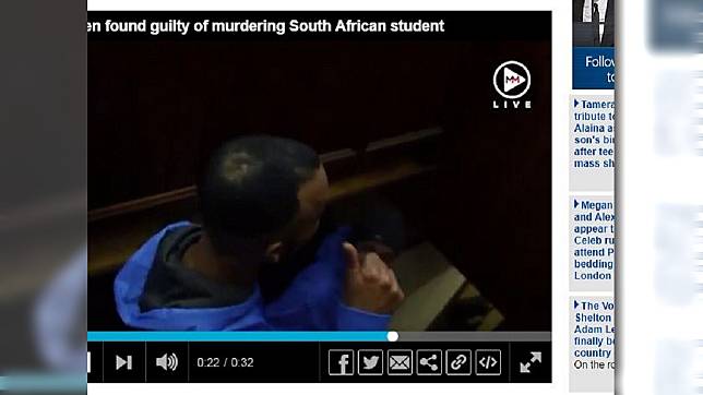 南非4名男子性侵1名女大生還殺害棄屍，其中1嫌聽到判決後竟然比出讚的手勢。(圖／翻攝自每日郵報)