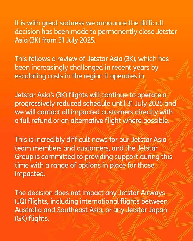 ประกาศหยุดเส้นทางการบินจาก Jetstar Asia