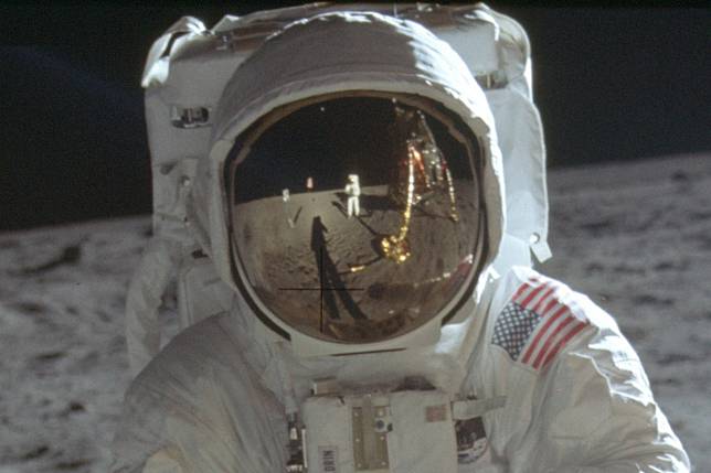 Neil Armstrong reflected in the helmet visor of Buzz Aldrin on the surface of the moon. Photo: AP