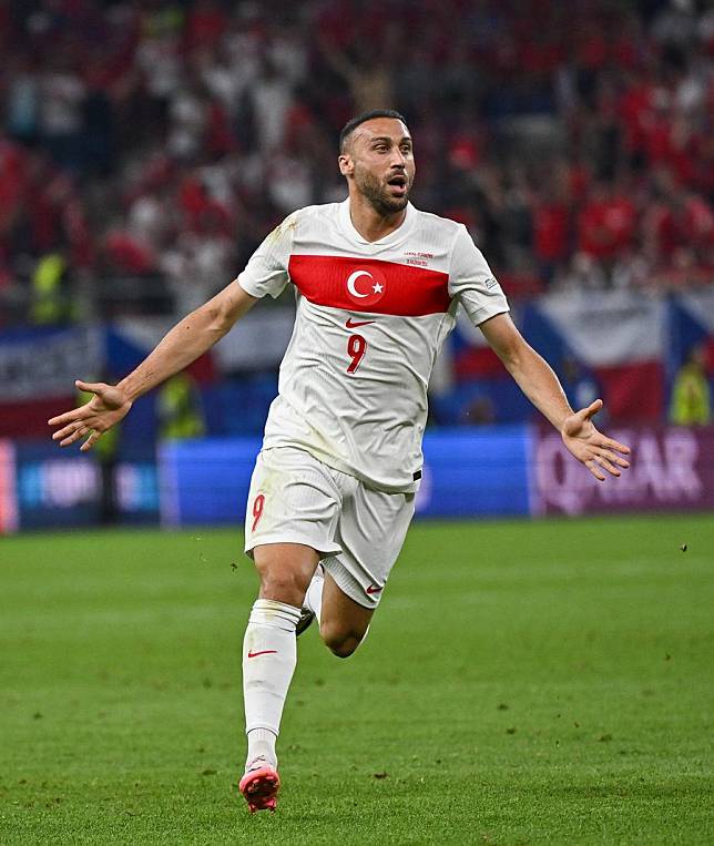 Cenk Tosun celebrates scoring during the UEFA Euro 2024 Group F match between Türkiye and the Czech Republic in Hamburg, Germany on June 26, 2024. (Xinhua/Ren Pengfei)