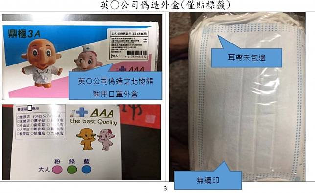 中檢提供英肯公司，偽造「北極熊醫用口罩」的外盒與口罩特徵。(記者張瑞楨翻攝)