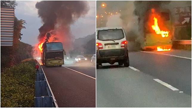 國道客運火燒車，畫面驚人。（翻攝記者爆料網）