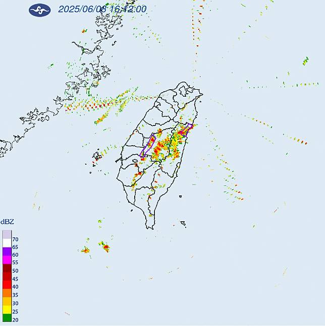 氣象署對南投縣、雲林縣、嘉義縣和花蓮縣發布大雷雨即時訊息。(擷取自中央氣象署)