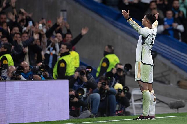 Jude Bellingham celebrates scoring for Real Madrid during their 4-2 UEFA Champions League Group C win against Napoli at the Santiago Bernabeu in Madrid, Spain, on Nov. 29, 2023. (Xinhua/Meng Dingbo)