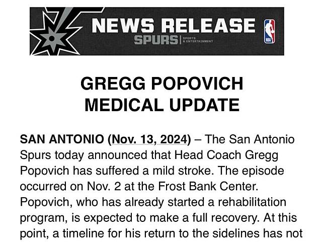 馬刺隊球團今天表示總教練波波維奇（Gregg Popovich）輕度中風。（圖：X）