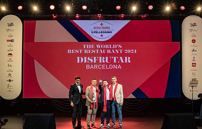 Chefs Oriol Castro, Eduard Xatruch and Mateu Casañas accepting the title of the Best Restaurant in the World 2024 at the World’s 50 Best Restaurants ceremony