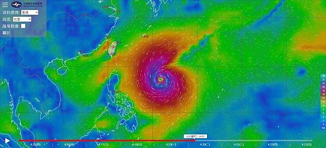 氣象局「風場預測顯示圖」，颱風在行進過程中持續增強。(圖取自氣象局)
