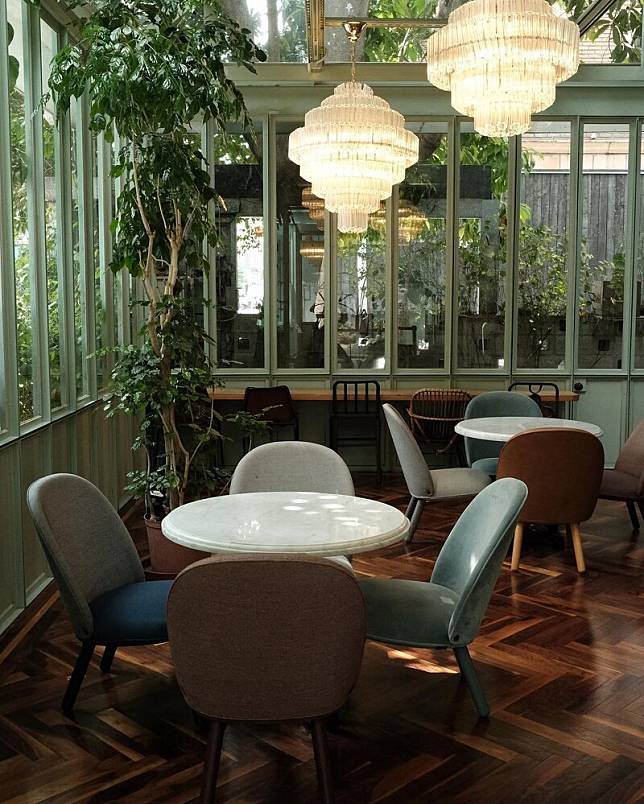老洋房的空間裡以綠意植栽打造，是城市裡難得的一處悠閒的休憩空間。