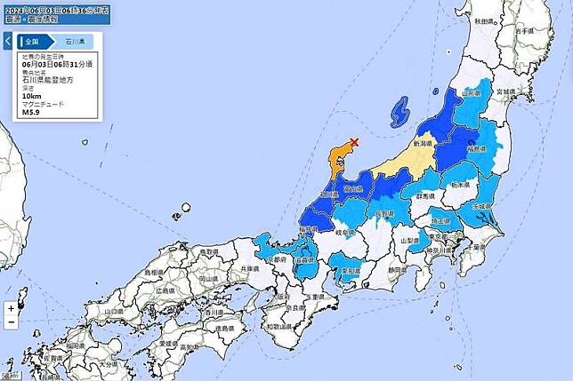 日本石川縣今晨發生規模5.9地震。(圖擷取自日本氣象廳)