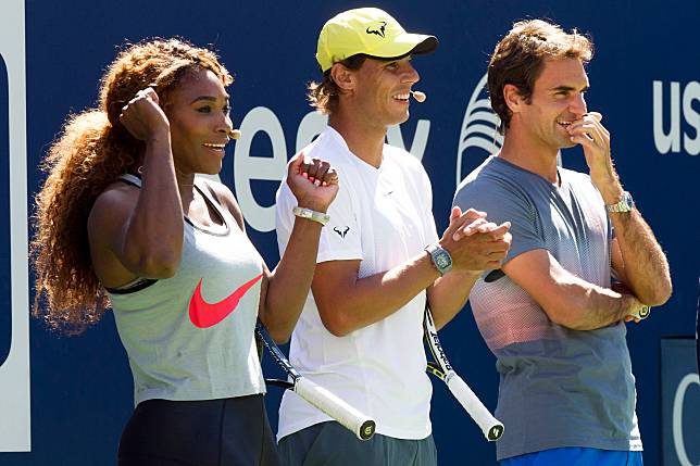 Roger Federer(右起)、Rafael Nadal、Serena Williams在2013年美國公開賽Ashe Arthur體育場參加兒童日活動。(達志影像資料庫)