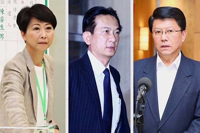 據國民黨2026台南市長對比式民調，陳亭妃（左）、林俊憲（中）與謝龍介（右）對決，陳亭妃領先幅度高於林俊憲。（合成畫面／王侑聖攝）