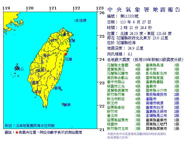 花蓮近海規模6.1地震，9縣市國家級警報響。(圖：中央氣象署)