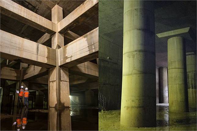 台北辛亥生態公園地下滯洪池（左）及台北文山運動中心地下滯洪池（右）也為北市減緩排水災害。圖／北市府工務局提供