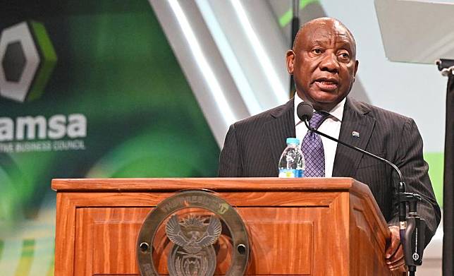 South African President Cyril Ramaphosa delivers a keynote address during the South African Auto Week in Cape Town, South Africa, Oct. 17, 2024. (Photo by Xabiso Mkhabela/Xinhua)