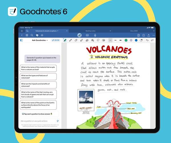 Ask Goodnotes enables users to ask questions, get summaries, clarify concepts, and generate interactive quizzes based on their personal notes and documents.