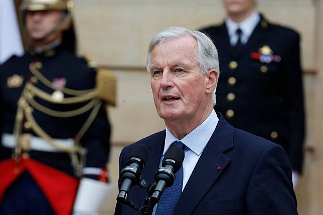 Newly appointed Prime minister Michel Barnier speaks at a handover ceremony at the Hotel Matignon in Paris, France, on Sept. 5, 2024. (Photo by Henri Szwarc/Xinhua)