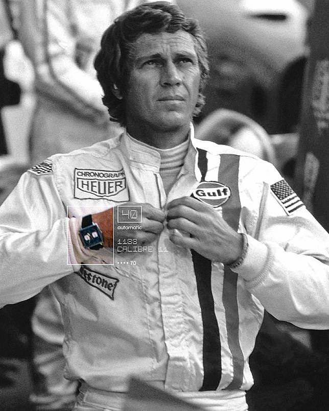 Steve McQueen wears a Heuer Monaco reference 1133B (photo courtesy of Tag Heuer)