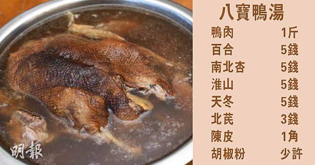 鴨湯滋陰補肺，圖為資料圖片。（資料圖片／明報製圖）