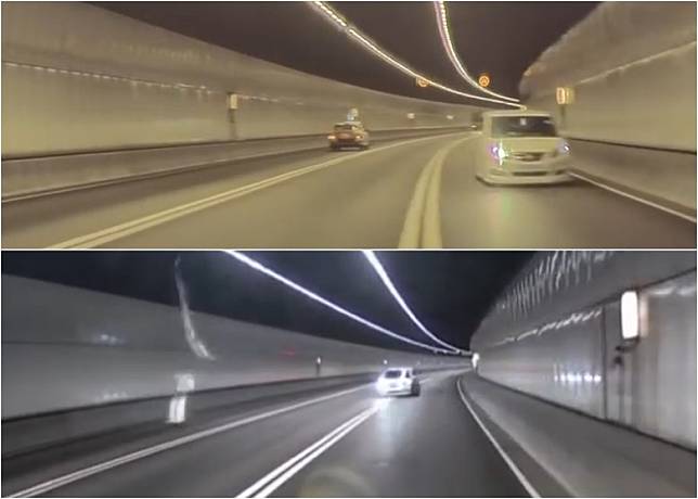白色私家車在尖山隧道管道內逆線行駛。
