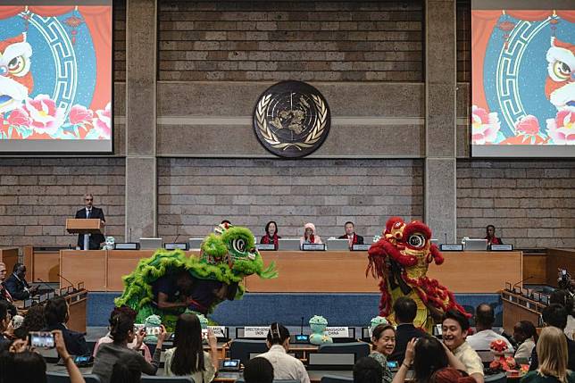 Lion dancers perform during a Chinese cultural event at the United Nations Office at Nairobi (UNON) premises in Nairobi, Kenya, Jan. 22, 2025. (Xinhua/Wang Guansen)