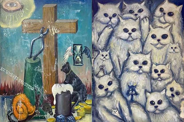 左：Manuel Ocampo 《暗之光》 布面油畫 92 x 61 cm 2022 右：Manuel Ocampo 《鄰里 2（貓）》 布面油畫 137 x 107 cm 2022