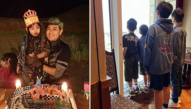 林志穎10年前在《爸爸去哪兒》為Kimi慶祝4歲生日（左圖），如今兒子還比他高半個頭（右圖）。翻攝林志穎臉書