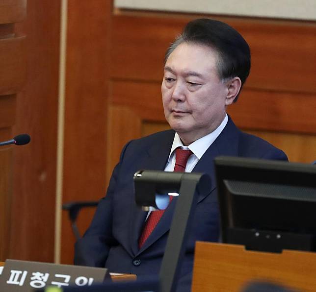 Yoon Suk-yeol attends a hearing of his impeachment trial at the constitutional court in Seoul, South Korea, Feb. 20, 2025. South Korea's constitutional court on Thursday held the tenth hearing of impeachment trial on President Yoon Suk-yeol. (Xinhua/Yao Qilin)