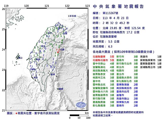 02:32花蓮壽豐發生規模6.3地震，最大震度5弱。(圖：中央氣象署)