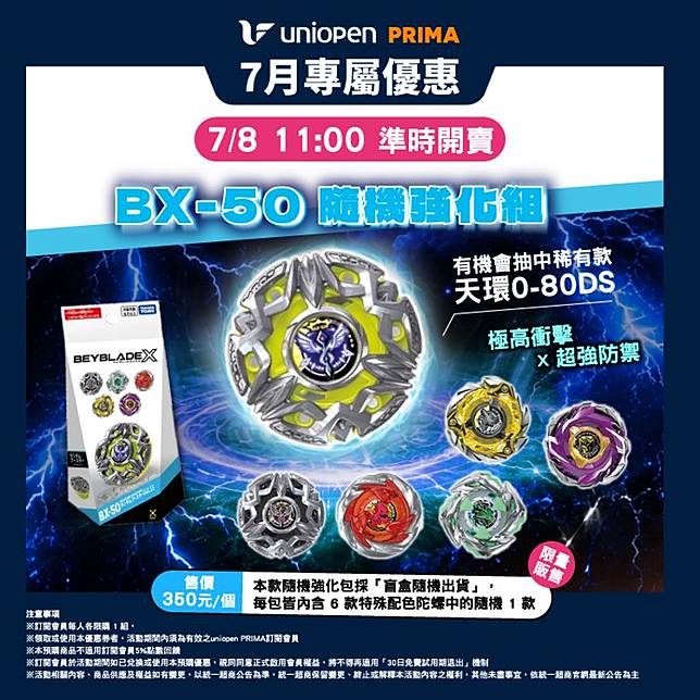 「BX-50天堂日輪隨機強化組」採盲盒隨機出貨，有機會抽中稀有款「天環0-80DS」。（350元／個，7-ELEVEN供圖）