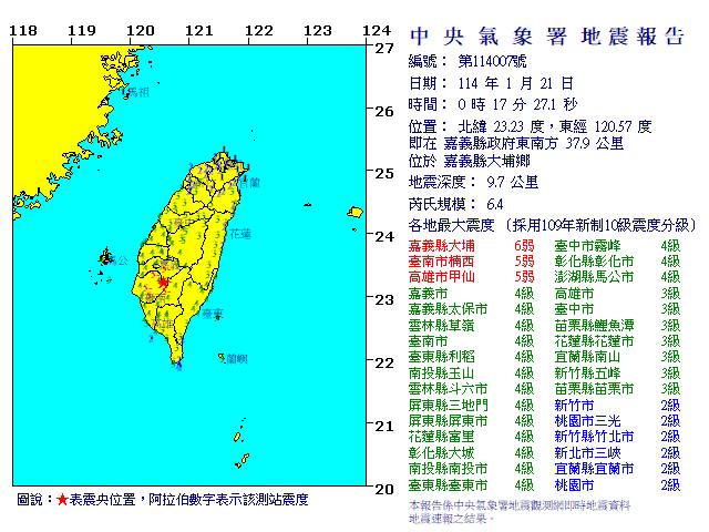 嘉義大埔今天凌晨發生規模6.4淺層地震，最大震度6級。(圖：中央氣象署)