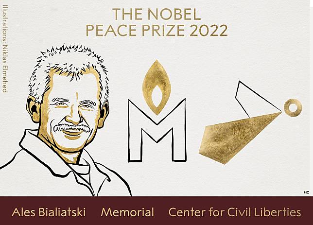 2022年諾貝爾和平獎得主7日揭曉，由白俄羅斯人權倡議者畢亞利亞茨基、俄羅斯人權組織 「紀念」和烏克蘭人權組織「公民自由中心」共獲殊榮。(圖：Nobel Prize臉書)