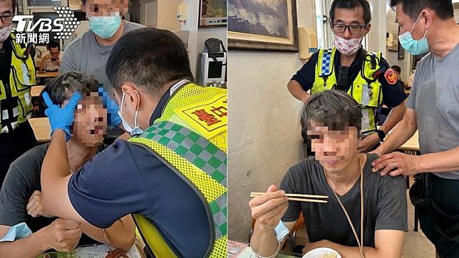 台中市江男於南屯區一家火雞肉飯店用餐時，突拿著筷子全身僵硬不動。（圖／TVBS）