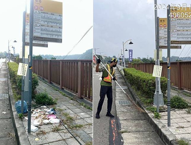 日本作家在臉書發文稱台中公車站有垃圾（左），中市府當天就派人清除，還加裝2支監視器抓亂丟垃圾。翻攝「日本人的歐吉桑」臉書、中市府提供