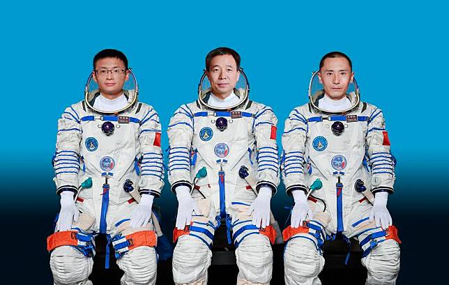 This undated photo shows Chinese taikonauts Jing Haipeng ©, Zhu Yangzhu ® and Gui Haichao who carried out the Shenzhou-16 spaceflight mission. (Xinhua)