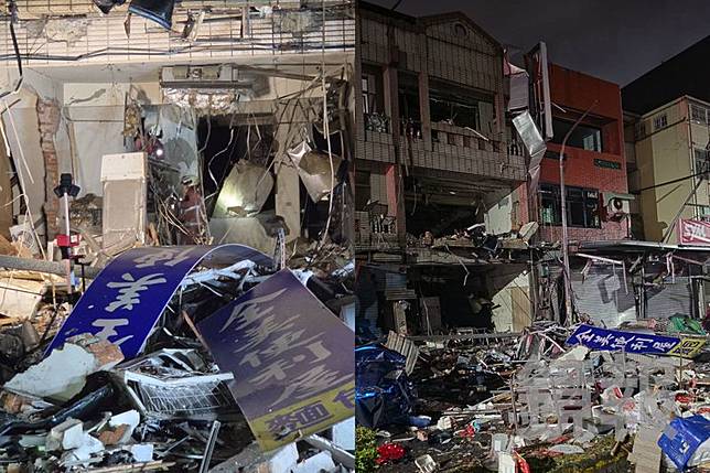 麵包店遭氣爆波及，招牌整塊掉落，現場一片凌亂，路面滿地碎片。翻攝fb許修睿