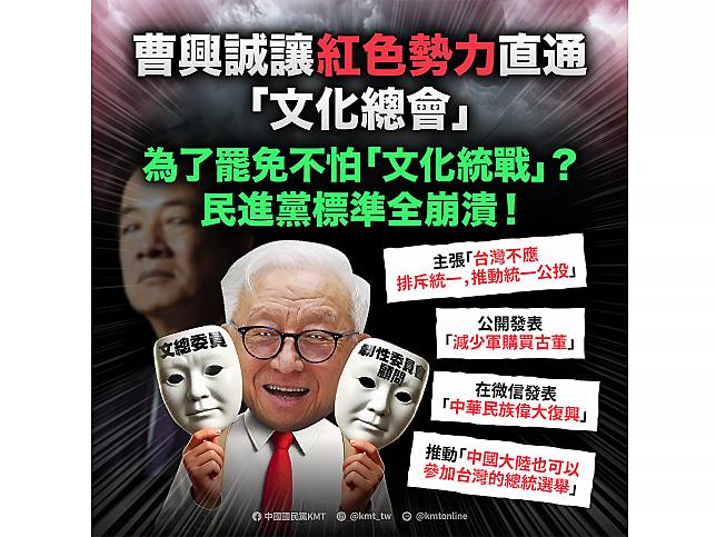 對於曹興誠獲選出任文總執委，國民黨痛批綠營把該從事文化復興任務的「文總」，變成搞罷免與反中的基地。（圖：國民黨文傳會提供）