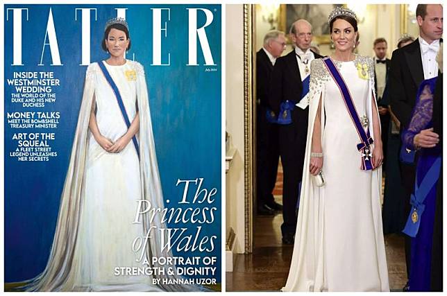 凱特王妃的肖像（左圖），靈感源自於她2022年參加國宴時的穿著（右圖）。（翻攝Tatler、X@KaylaAdams___）